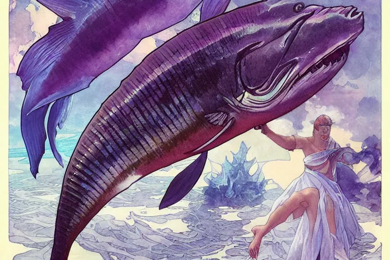 Prompt: an ichthyosaurus swimming among fish in a deep purple and blue ocean of evil intent, water color, art by artgerm and greg rutkowski and alphonse mucha and jin xiaodi and anthony devine