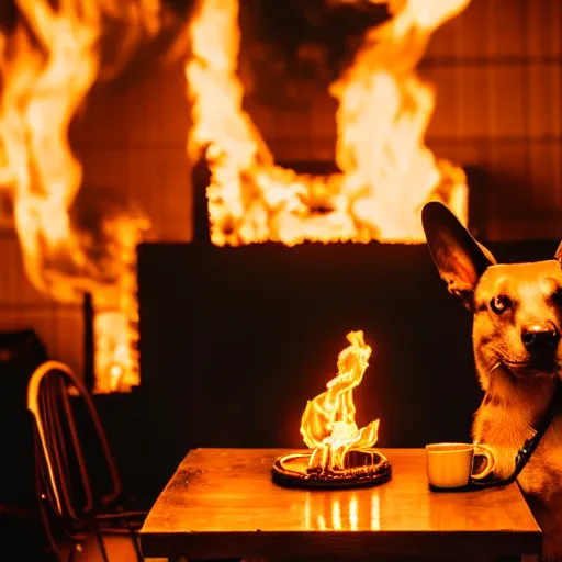 Prompt: a photograph of a big fire on a dining room on fire, only remains a wooden table and a chair, an human-like relaxed dog sitting at this table, ☕ on the table, surrounded by flames, a lot of flames behind the dog, black smoke instead of the ceiling, no watermark, no fire on the table