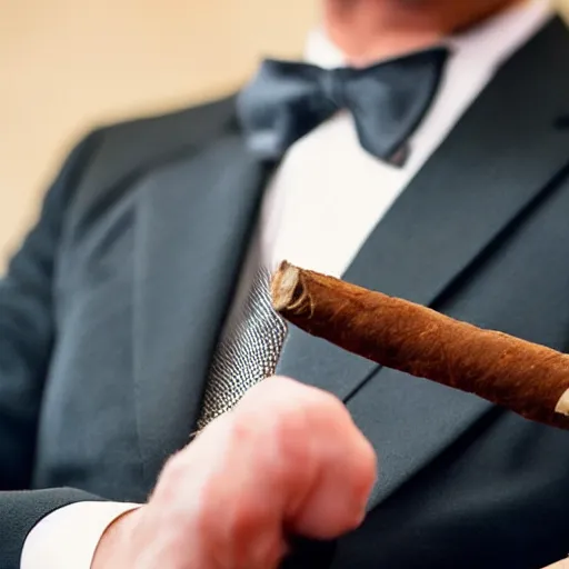 Image similar to a high detail closeup shot of a cat wearing a suit and smoking a cigar