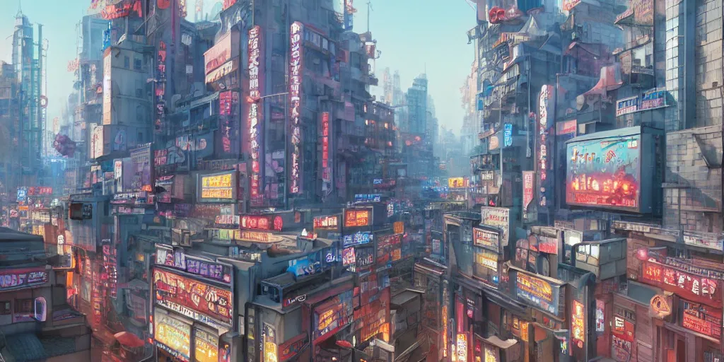 Image similar to A highly fantasy detailed matte painting of Buildings with Japanese Billboards and neonsigns by Studio Ghibli, Makoto Shinkai, by Artgerm, by WLOP, by Greg Rutkowski, volumetric lighting, octane render, 4K resolution, trending on artstation, masterpiece