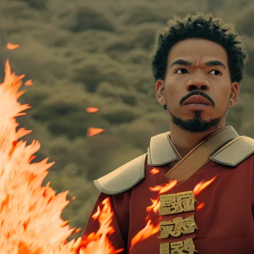 Image similar to cinematic film still of Chance The Rapper starring as a Samurai holding fire, Japanese CGI, VFX, 2022, 40mm lens, shallow depth of field, film photography