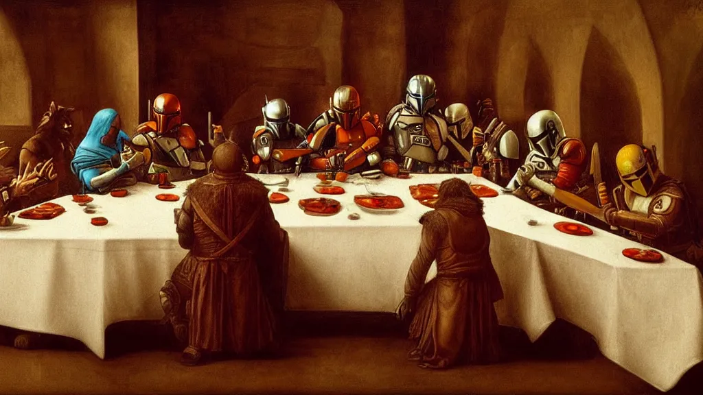 Image similar to mandalorian last supper, by leonardo davinci, concept art, oil painting, art station