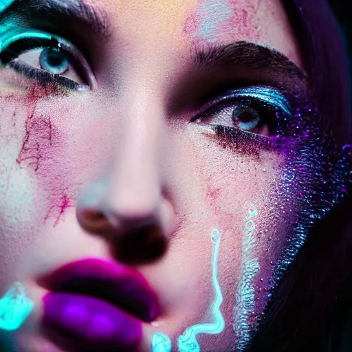 Prompt: beautiful female face portrait, beautiful portrait, photography by amy leibowitz and filip fedorov, urban city photography, close up portrait, cinematic still, film still, magic hour, dark mood, cold colors, sony, kodak, long exposure, art noveau painting, liquid marble fluid painting, neon glow