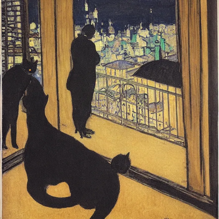 Image similar to couple under a baldachin with city seen from a window frame at night. fuzzy black cat. henri de toulouse - lautrec, utamaro, matisse, felix vallotton, monet