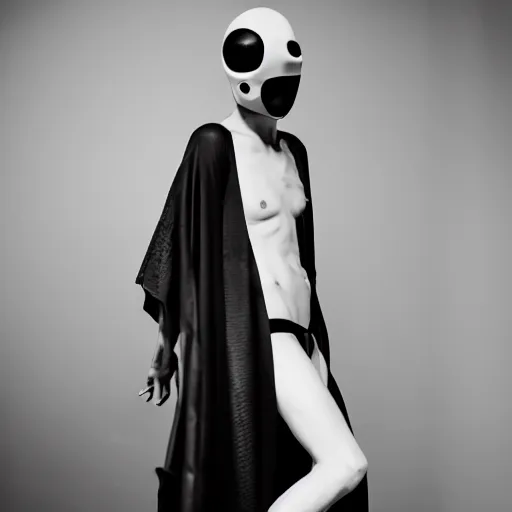 Image similar to fashion photography of a genderless alien model, full body, wearing a black kimono, photo 3 5 mm leica, hyperdetail, berghain, 8 k, very detailed, black and white