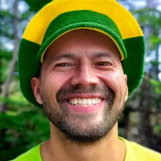 Prompt: A photo of smiling man with green skin in yellow hat
