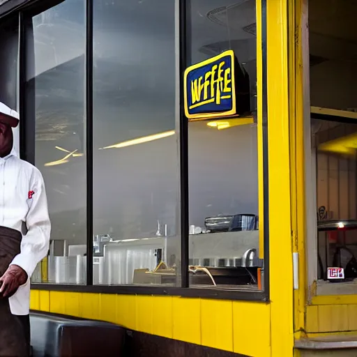 Image similar to wafflehouse restaurant cook standing outside smoking a cigarette