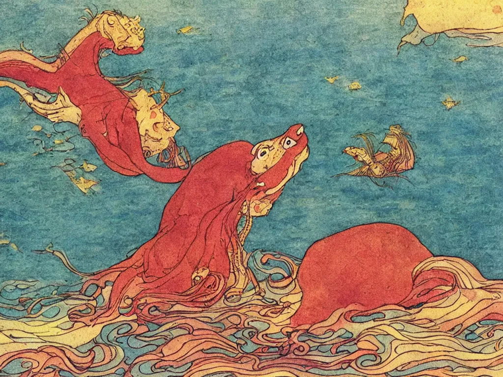 Prompt: an extremely colorful depiction of a hippocampus in the sea, from a book of fairy tales illustrated by edmund dulac