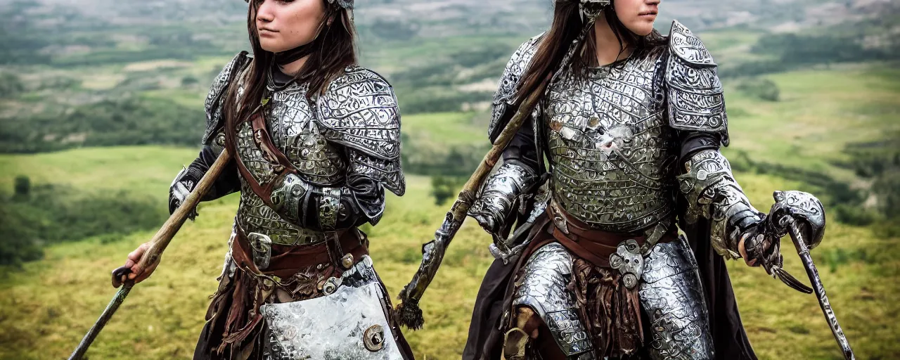 Prompt: https://www.tribality.com/wp-content/uploads/2016/01/ranger-scout.jpg photo of one beautiful medieval-female-scout in plated armor with green crystals who is watching over the countryside from a cliff, elegant, highly detailed, smooth, sharp focus, illustration, beautiful, geometric, trending on artstation, unreal engine, octane render, cinematic, artwork by WLOP