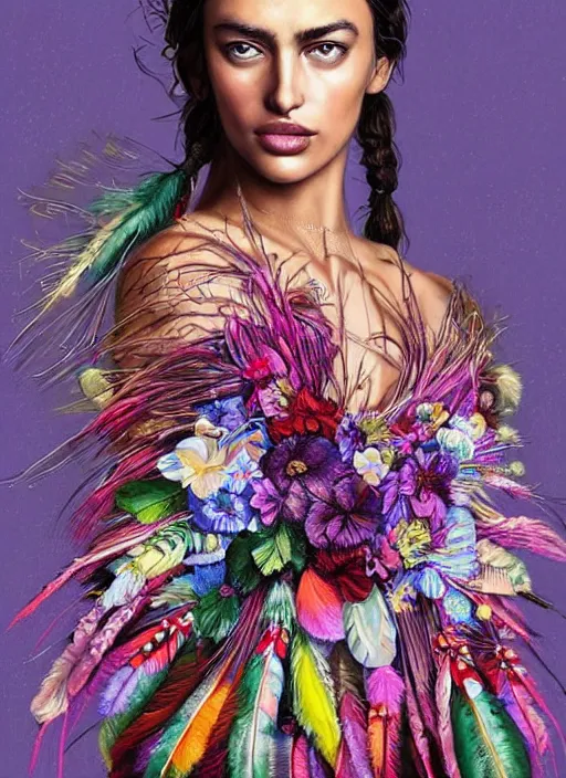 Image similar to beautiful portrait of Irina Shayk wearing fantastic Hand-dyed cotton dress,embellished beaded feather decorative fringe knots ,colorful pigtail,subtropical flowers and plants,symmetrical face,intricate,elegant,highly detailed,8k,post-processing,digital painting,trending on pinterest, GUCCI,vogue,concept art, sharp focus, illustration, by artgerm,Tom Bagshaw,Lawrence Alma-Tadema,greg rutkowski,alphonse Mucha