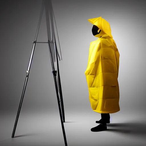 Prompt: photo studio with foggy background. fisherman in yellow balenciaga cloth, plastic bag and black mask. photorealistic high resolution, redshift render, 8 k