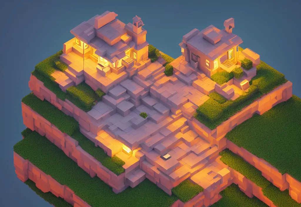 Image similar to isometric house on a mountain top magicavoxel cinematic lighting, 4k