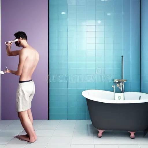 Prompt: a man standing in a bathroom, he is brushing his teeth and looks at himself in the mirror, his expression is happy, he seems to be Satisfied, the bathroom is bright, and The tiles have pastel colors, hyper detailed digital art Illustration but as photography, 8k