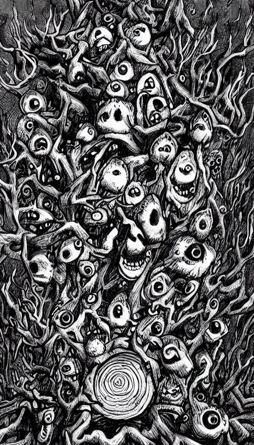 Image similar to a storm vortex made of many demonic eyes and teeth over a forest, by schizophrenia patient