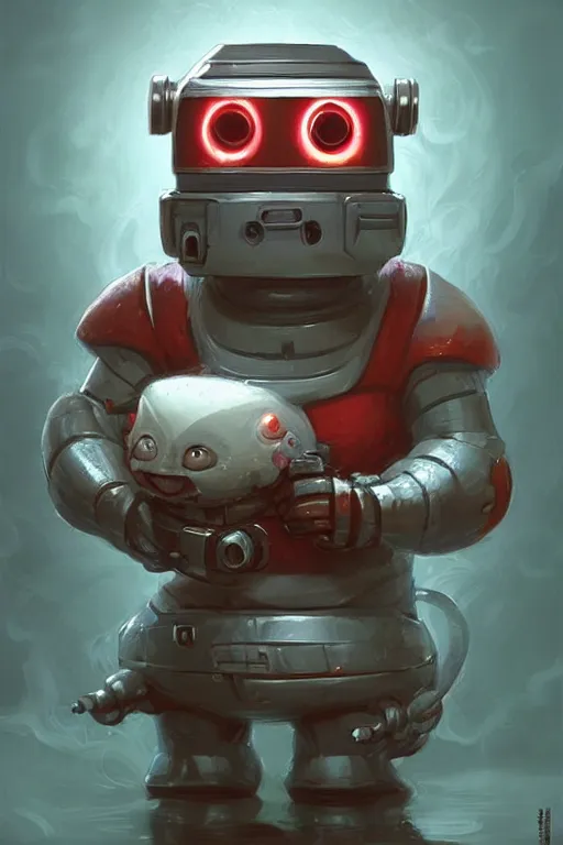 Image similar to cute fat robot with a electric machine gun, tiny, small, miniature , short, red lights, screen face, angry and adorable, fatty, DnD character art portrait, matte fantasy painting, DeviantArt Artstation, by Jason Felix by Steve Argyle by Tyler Jacobson by Peter Mohrbacher, cinematic lighting