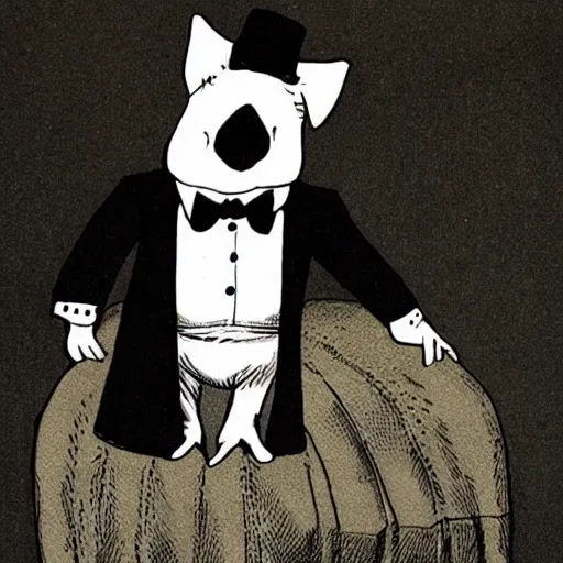 Image similar to a pig in a tuxedo, illustration by Edward Gorey