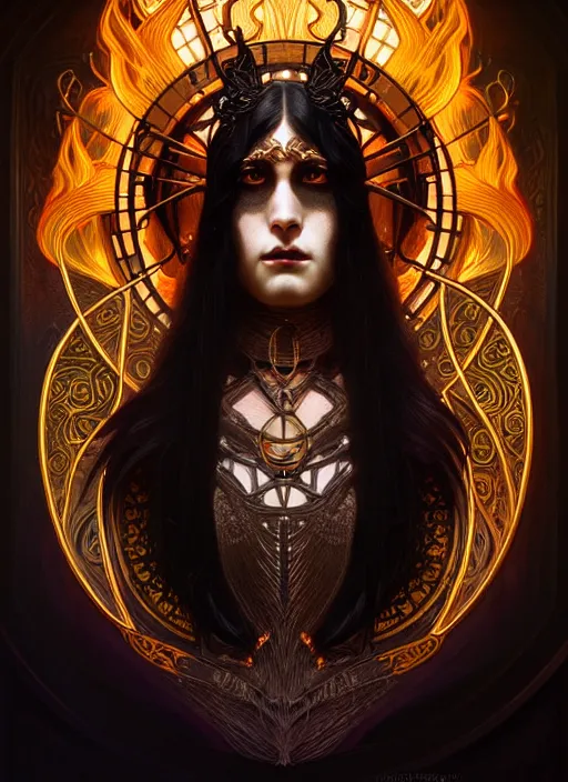 Prompt: portrait of god ares, long straigt black hair,, glowing eyes, volumetric lights, fire, art nouveau botanicals, gothic, intricate, highly detailed, digital painting, artstation, concept art, smooth, sharp focus, symmetric face, illustration, steampunk, art by artgerm and greg rutkowski and alphonse mucha