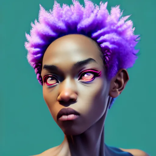 Image similar to portrait of black anime manga girl, boxer punch pose, french bob hair, white hair, wearing camo, purple eyes, by gustave dore, vaporwave colors, lofi colors, vaporwave, lofi, goth vibe, 4 k, smooth, hd, substance designer render, full body character concept art, symmetrical, 2 point lighting,