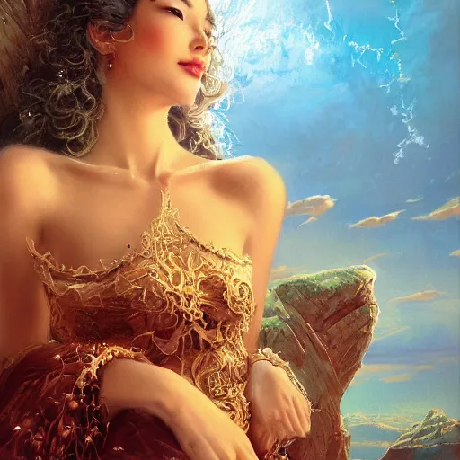 Prompt: extra perfectness women, amateur, sweetest face, mid shot, fashion model type, expansive dress with treasure's, gorgeous, extremely high details quality, bao phan, viktor safonkin, bruce pennington, larry elmore, norman rockwell, intricate, hyperrealistic matte painting, deep depth field, hd, hdr, 4 k, 8 k