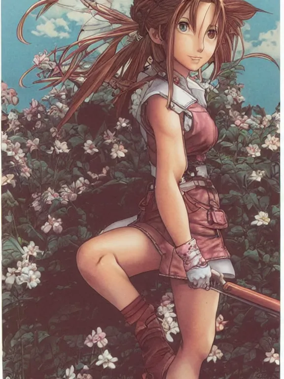 Image similar to aerith from final fantasy, a masterful and highly - skilled full color illustration by otomo katsuhiro, terada katsuya and kim jung gi!!!, realistic proportions and anatomy