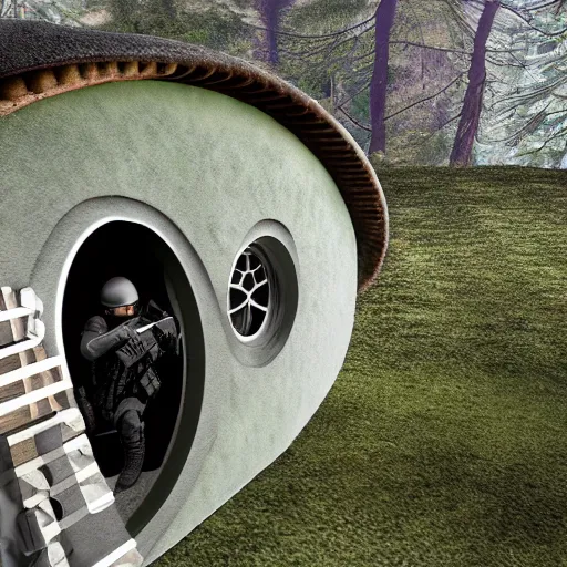 Prompt: swat raid on hobbit house, police cam still, photorealistic