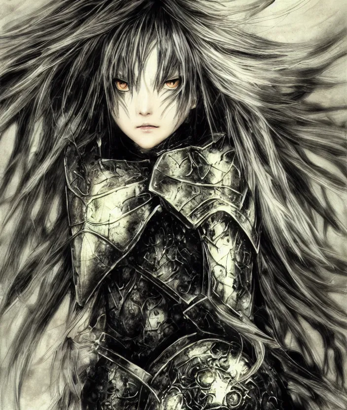 Image similar to Yoshitaka Amano realistic illustration of an anime girl with wavy white hair and cracks on her face wearing dark souls armour with the cape fluttering in the wind, abstract black and white patterns on the background, noisy film grain effect, highly detailed, Renaissance oil painting, weird portrait angle