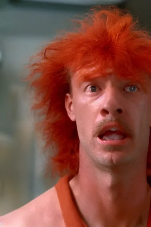 Image similar to an awkwardly tall scientist with a tangled orange bead and unruly red hair atop his balding head, high resolution film still, movie by Ivan Reitman