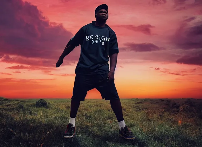 Image similar to Big shaq coming over the horizon , 35mm photography, highly detailed, cinematic lighting, 4k