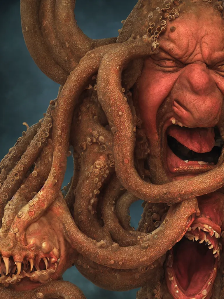 Image similar to a widescreen colorchrome closeup detailed portrait photo of a medieval old happy screaming priest, holding a detailed detailed detailed giant giant octopus, style steve mccurry octane render 8 k