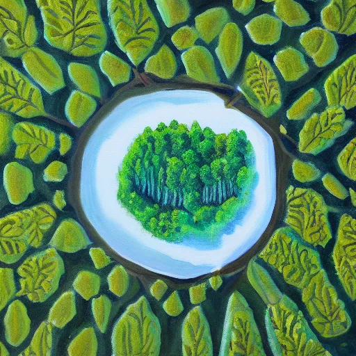 Image similar to a beautiful painting of a forest top down view on a hexagon chit