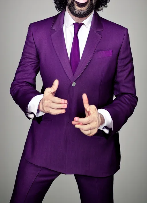 Prompt: caparezza wearing a tight dark purple suit, elegant, promotional photo, studio lighting