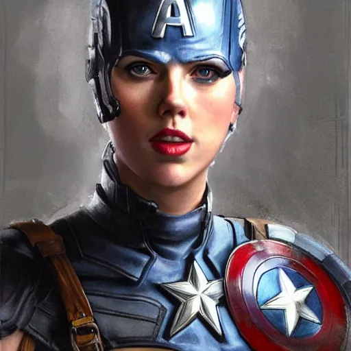 Image similar to captain america as an attractive young smiling woman played by by scarlett johansson wearing heavy armour, face portrait, athletic strong body, hd shot, digital portrait, elegant, beautiful, fantasy art, artstation, comic style, by artgerm, guy denning, jakub rozalski, magali villeneuve and charlie bowater