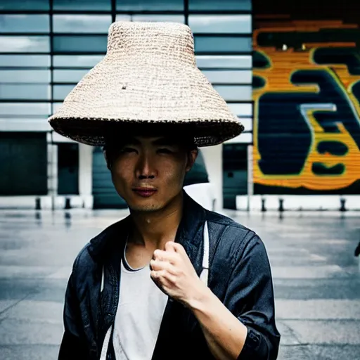 Image similar to “simple and elegant portrait of a Japanese man with a rice paddy hat in the foreground. And a graffiti tagged Tokyo train station in the background. Modern streetwear techwear style”