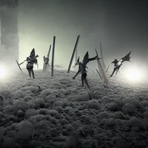 Image similar to ice spikes are summoned from the ground by magic, a group of knights in plate - armor gets impaled by bloody spikes, death on the spot, gloomy lights in the sky, feeling of cold terror, octane render, unreal engine, 8 k