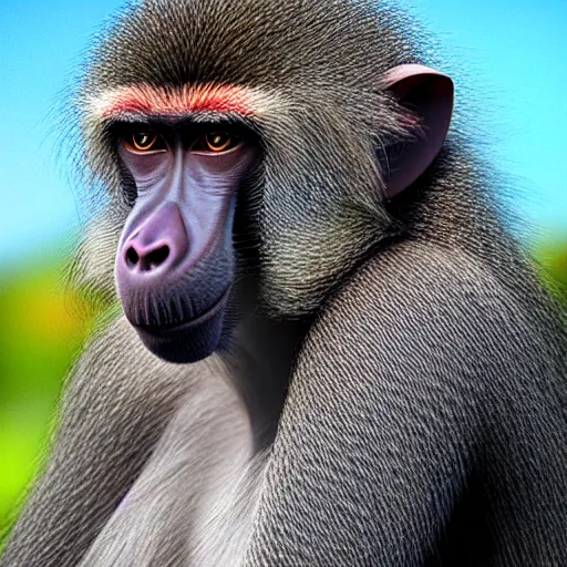 Image similar to baboon facing away from camera holding an umbrella, detailed, clean, realistic