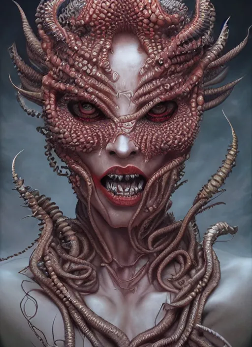 Image similar to a hyper detailed face portrait of the queen of blades, diablo 4 lilith, sideshow figurines, cthulu, by yusuke murata, by hiroya oku, by dorian cleavenger, by tom bagshaw, by zdzisław beksinski, trending on artstation