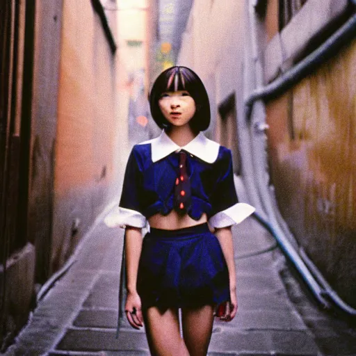 Image similar to 1990s perfect 8K HD professional photo of close-up japanese schoolgirl posing in sci-fi dystopian alleyway, at instagram, Behance, Adobe Lightroom, with instagram filters, depth of field, taken with polaroid kodak portra