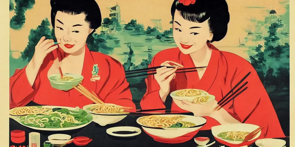 Image similar to 2 beautiful women holding chopsticks and eating a bowl of ramen, 1950s poster art