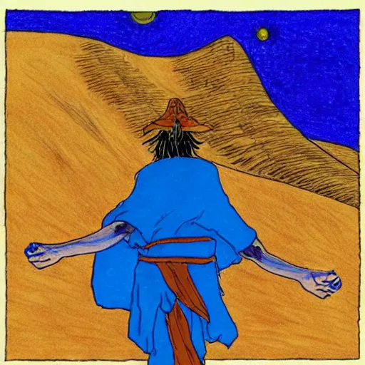 Image similar to sunset in a desert, shaman wearing a blue robe doing a ritual, energy streams, magic, drawing by moebius