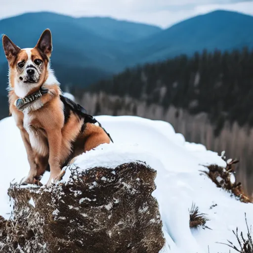 Image similar to a dog on the top of a snow mountain