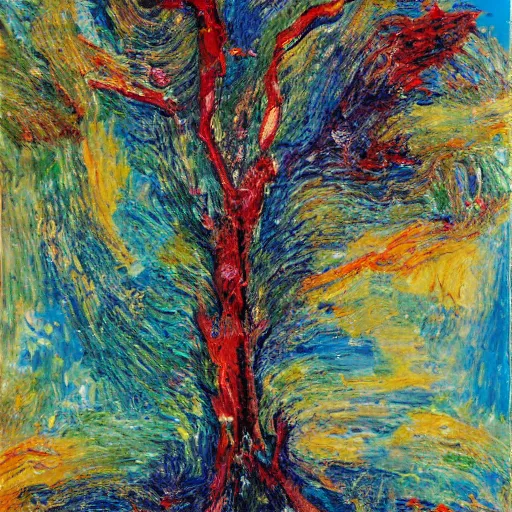 Image similar to oil paint impasto relief, tree in a field, multi layered abstract texture thick brush marks, some splattered paint, in the style of monet and frank auerbach