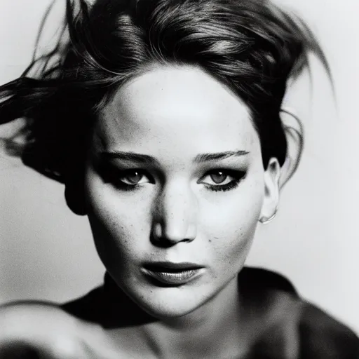 Image similar to Jennifer Lawrence tripping hard. Close-up studio portrait by Robert Mapplethorpe. Tri-x.