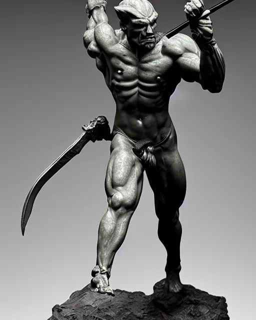 Image similar to a full figure rough marble sculpture of running Orc holding a sword, by Frazetta and Bernini, studio lighting, wide angle lens