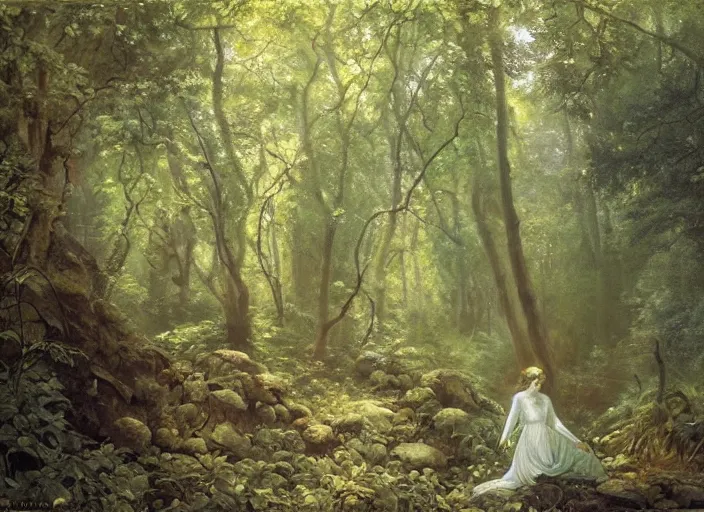 Image similar to a porcelain marble woman in deep forest grotto, dappled light on the forest floor, by abbott fuller graves