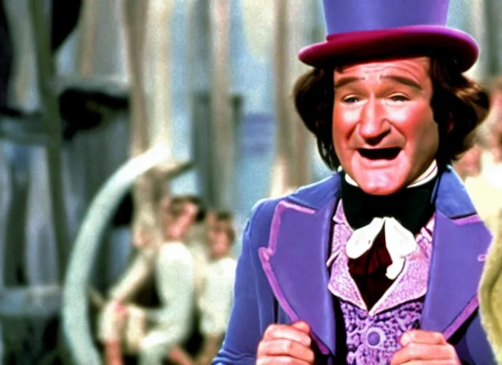 Image similar to film still of Robin Williams as Willy Wonka in Willy Wonka and the Chocolate Factory 1971