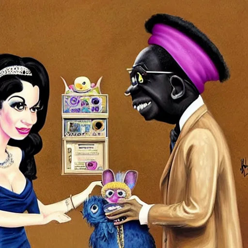 Prompt: beautiful lifelike painting of flava flav and amy winehouse buying a rare furby collection in downton abbey, hyperreal detailed facial features and uv lighting, art by ed roth and basil wolverton