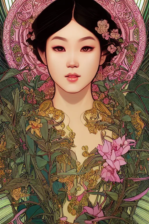 Prompt: beautiful and detailed digital illustration of thai princess by kittichai rueangchaichan and Ilya Kuvshinov, floralpunk, Artstation, art nouveau aesthetic, Alphonse Mucha background, intricate details,concept art, realistic, dramatic