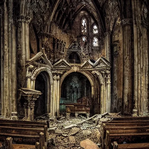 Image similar to abandoned and eroding church with a skeleton in the pews, gothic art, color, detailed