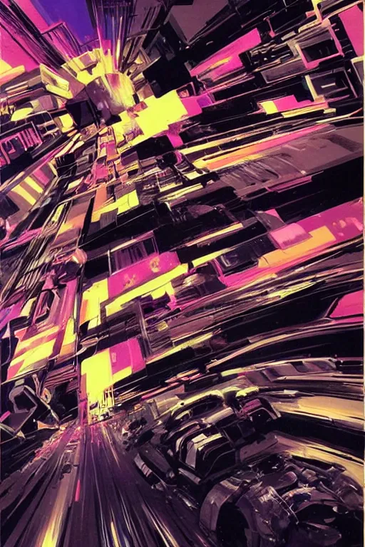 Prompt: wideangle exploding tensor fields, cybernetic, dancing with abandon, madness, decoherence, synthwave, glitch!!, fractured reality, vortex, realistic, hyperdetailed, concept art, art by syd mead, cubism