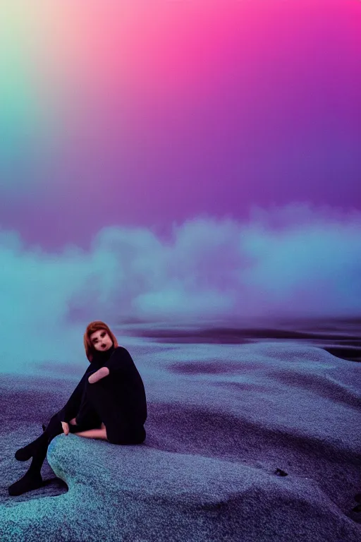 Image similar to high quality pastel coloured film close up wide angle photograph of a model wearing clothing resting on cloud furniture in a icelandic black rock environment in a partially haze filled dreamstate world. three point light, rainbow. photographic production. art directed. pastel colours. volumetric clouds. pastel gradient overlay. waves glitch artefacts. extreme facial clarity. 8 k. filmic.